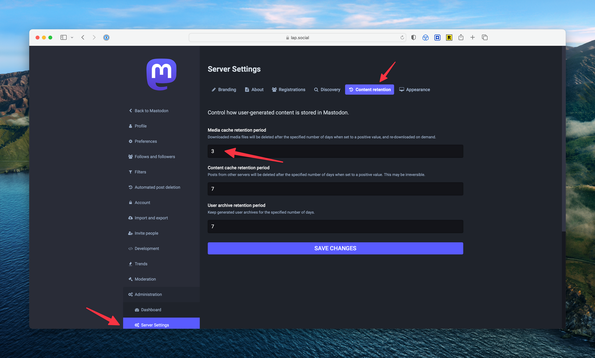 A screenshot of the media retention settings in Mastodon 4.x