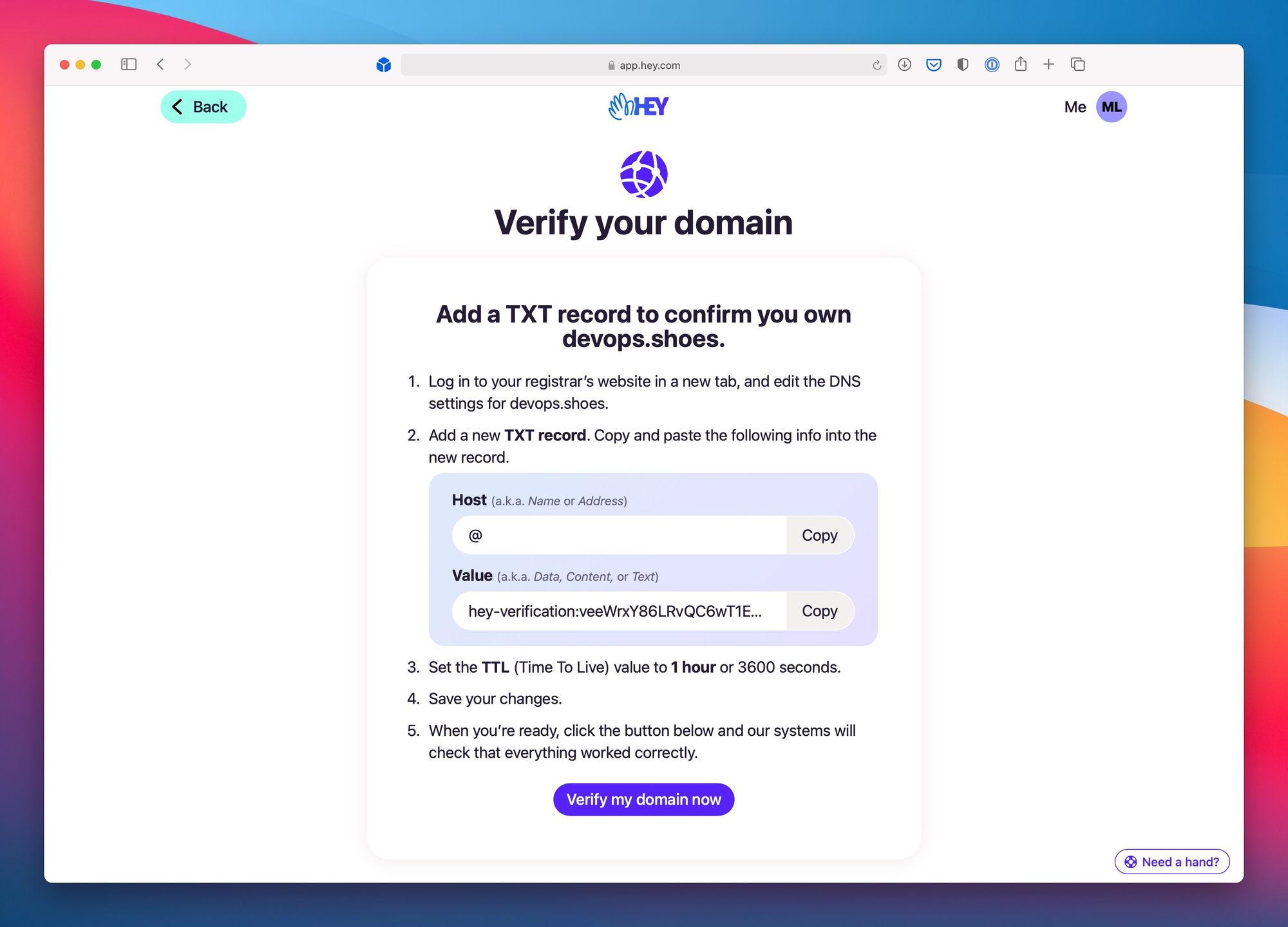 HEY for Work Domain Configuration